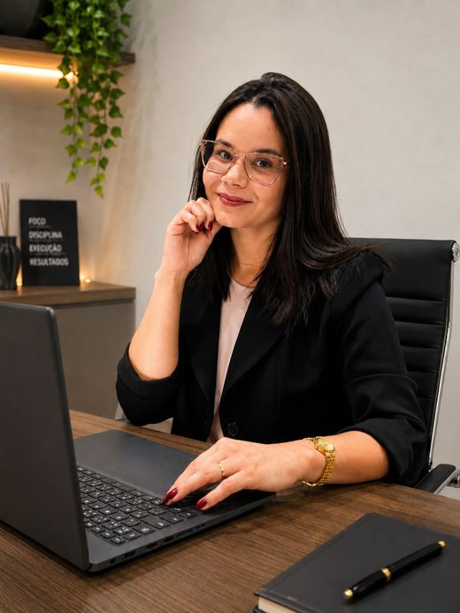 Rafaela Oliveira, autora do ebook, sentada à mesa com um notebook.