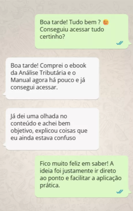 Conversa de WhatsApp: comprador confirma que acessou o ebook e diz que o conteúdo é objetivo e explicou pontos que estavam confusos.