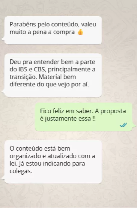 Conversa de WhatsApp: comprador elogia o conteúdo, diz que está organizado e atualizado e que vai indicar a colegas.