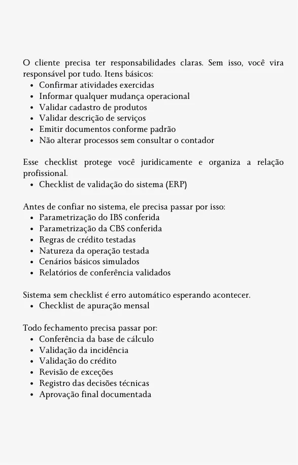 Página de checklist de validação do sistema e de apuração mensal.