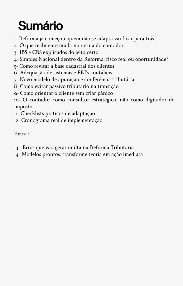 Página do sumário do ebook, com os 12 capítulos e os 2 extras.