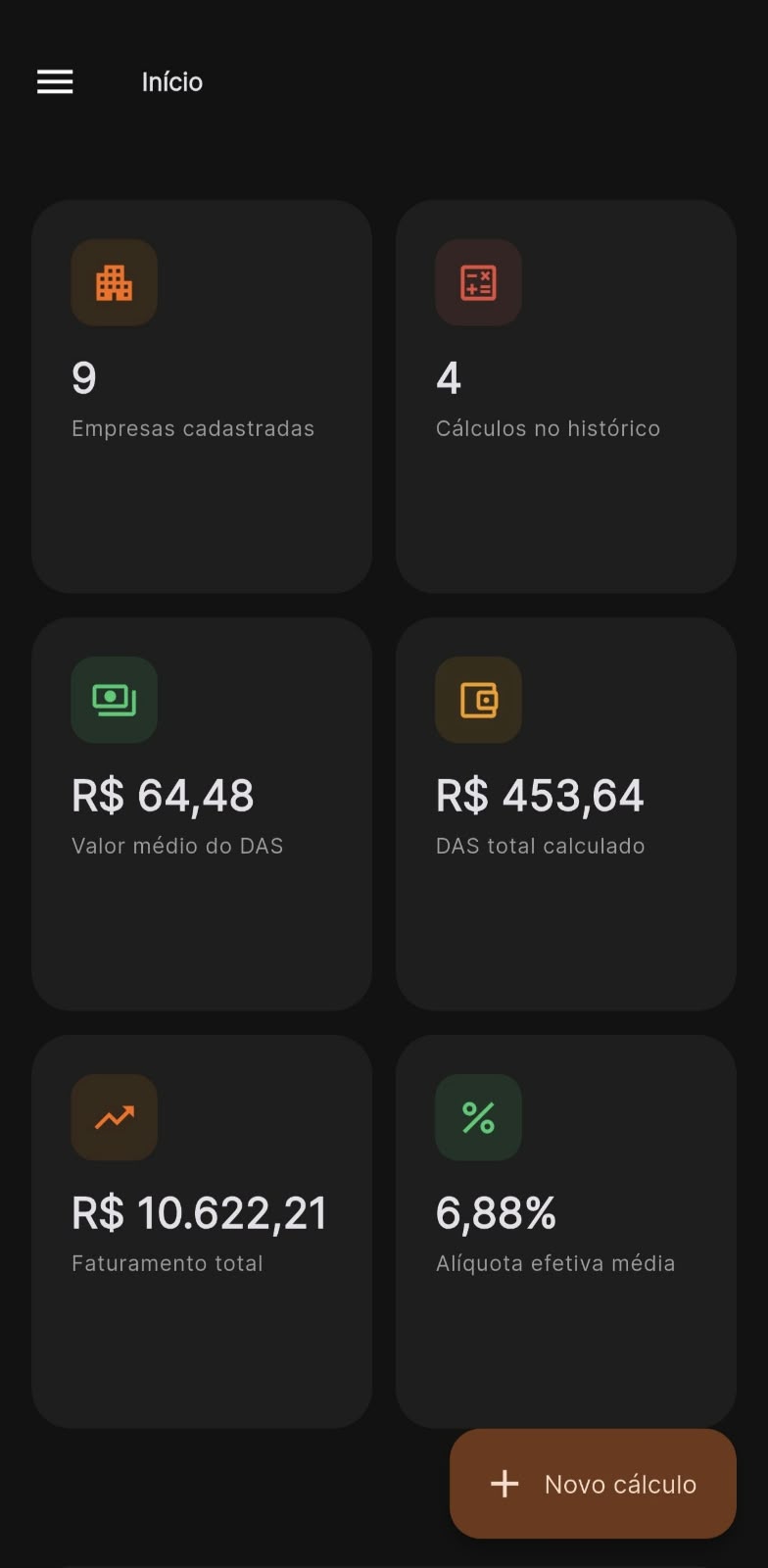 Tela Início do app Tributeiro